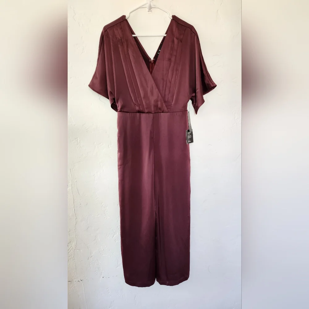 Lulus Kiss Me Now Plum Purple Satin Short Sleeve Wide-Leg Jumpsuit Small New - Picture 3 of 11